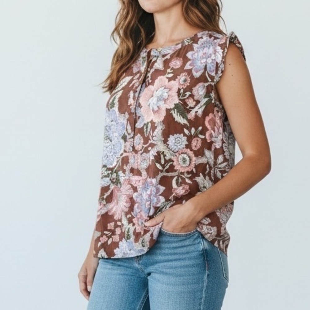 Loft Outlet Womens Large Floral Sleeveless Blouse Brown Pink Blue Button Front